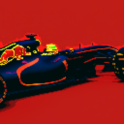Red bull formula 1 car, full car in view, side profile, red background, close up