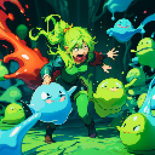 slime surging up around someone, slime engulfing a hero, slime consuming a hero, hero getting engulfed by slime, slime attack, dynamic, slime slamming into someone, impact, splashing slime, full-body image, full-body art
