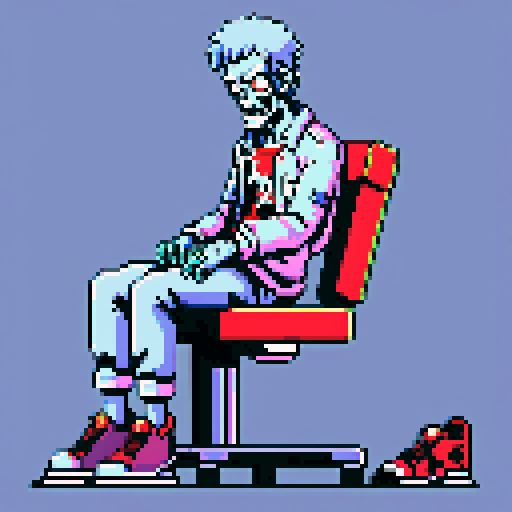 Zombie, strapped to operating table, looking at camera, limbs detached, pixel art, sRGB