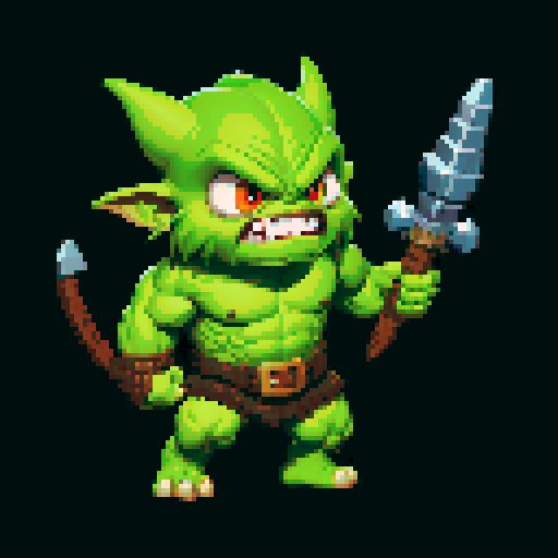 A larger, more ferocious goblin with bulging muscles, heavy armor, and a massive weapon. It has wild eyes and a frenzied expression, ready to charge into battle. No background.
