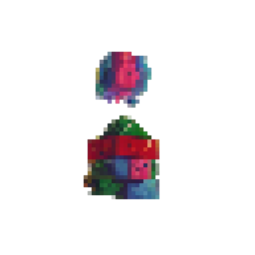 A towering wubbox emits a vibrant, rainbow-colored aura amidst a lush, forested landscape rendered in a retro, 8-bit pixel art style with a sRGB color scheme