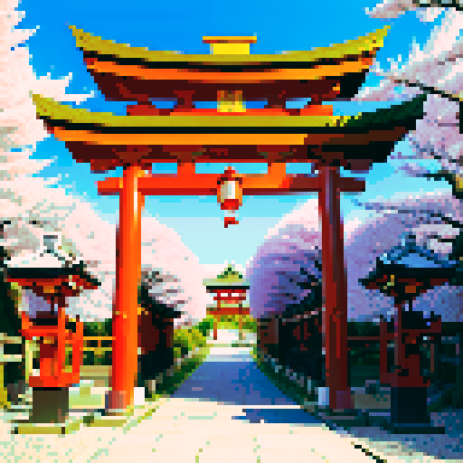 shiny onyx shinto shrine, vibrant cherry blossom trees, traditional architecture with intricate details, shinto torii gate adorned with shiny onyx decorations, a pixel art shiny onyx cuboid positioned behind the gate, shiny onyx lanterns illuminating the scene in sRGB colors