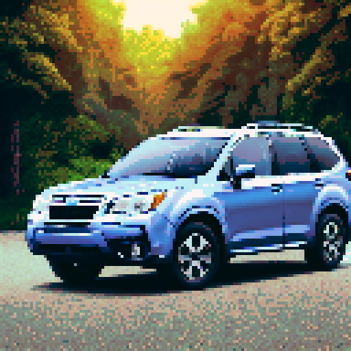 Photorealistic whole Subaru Forester centered, three-quarter view, right front wheel, clean background, sRGB colors, pixel art style
