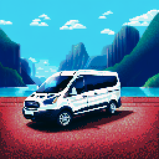 Photorealistic, centered Ford Transit in a three quarter view, right wheel in front, clean background, pixel art style with sRGB colors