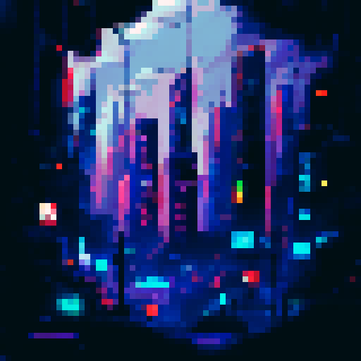 Towering skyscrapers with pulsing neon lights, reflecting off the slick pavement of a bustling, futuristic metropolis at night, all rendered in crisp pixel art with a detailed sRGB background
