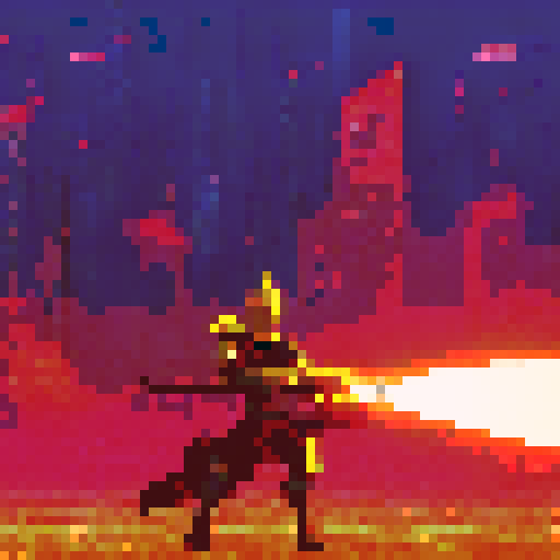 Golden knight, clad in futuristic armor, dashes through a bustling neon city, his glowing sword slicing through the air and leaving a trail of pixelated debris in his wake, all rendered in stunning pixel art and centered in frame.