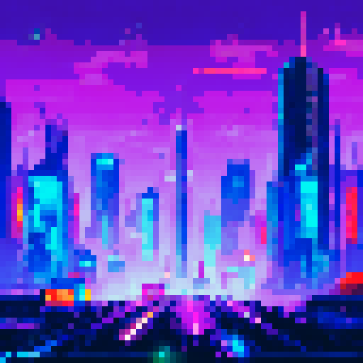 Cyberpunk tower looming over a highway, neon lights reflecting on the asphalt, a glowing sign on the building, all set against a pixel art landscape in sRGB colors