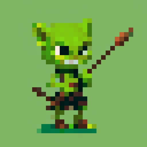 A small, green-skinned humanoid creature with pointy ears, sharp teeth, and a crude wooden club. It wears ragged clothes and has a mischievous expression on its face.

