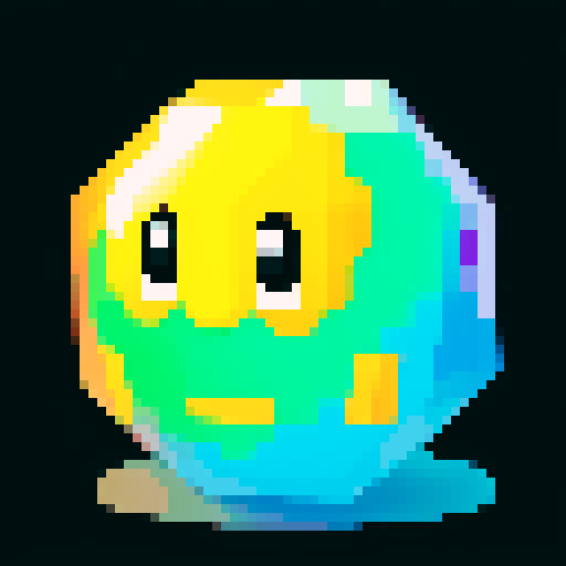 A sparkling, semi-transparent slime with a crystalline structure. It has shimmering facets, bright eyes, and a cheerful smile. No background.
