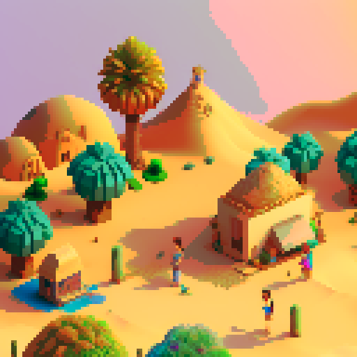 desert village, bustling market, towering sand dunes, colorful rooftops, winding narrow streets, palm trees swaying, vibrant rugs, distant oasis, golden sunsets, sandstone buildings, mosaic patterns, pixel art