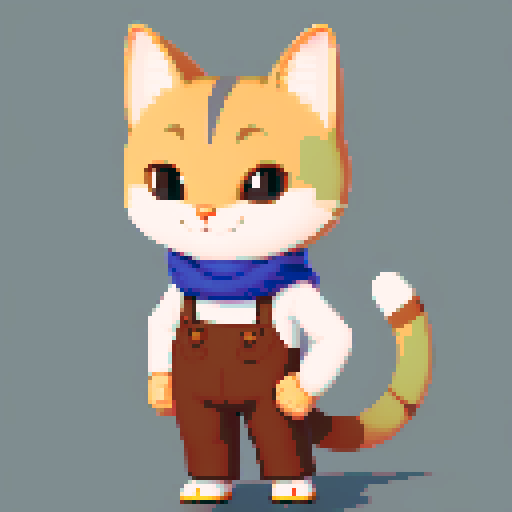 antropomorphic gray cat guy, smiling, brown pants