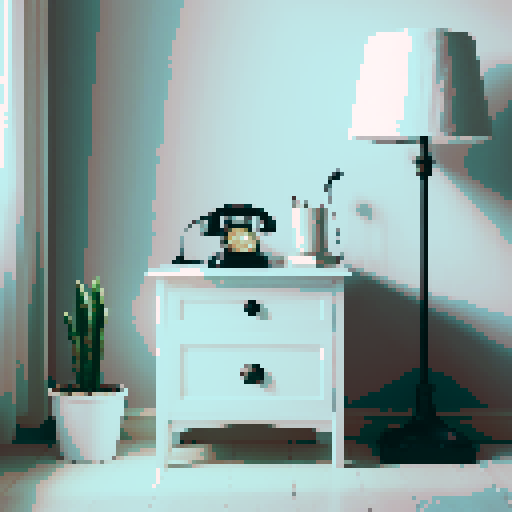 White nightstand, old black telephone, lamp