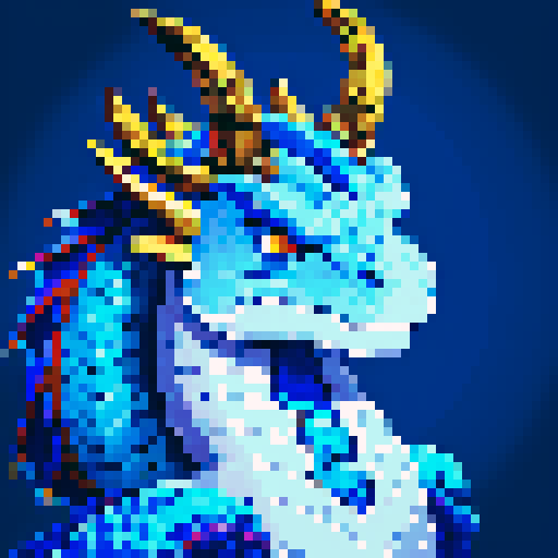 dragon, regal, crown, majestic, blue silver accents, intricate embroidery, game icon, 32x32 pixel art, sRGB, skill art, close up, portrait