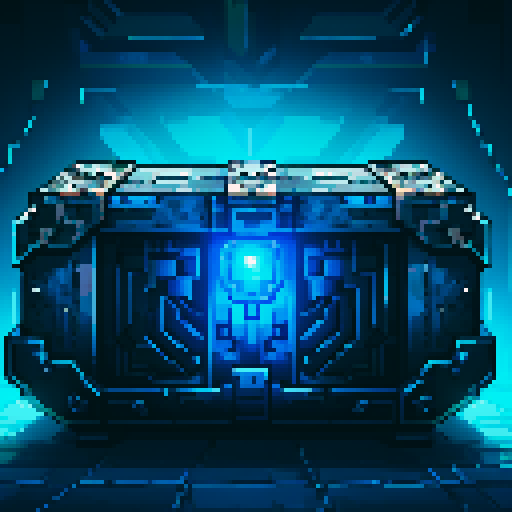 mystery box, stone, metall, shiny, pixel art, sRGB, vibrant colors, glowing lights, intricate patterns
