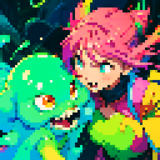 slime, vibrant colors, pixelated heroes, bouncing between people, sRGB, art style