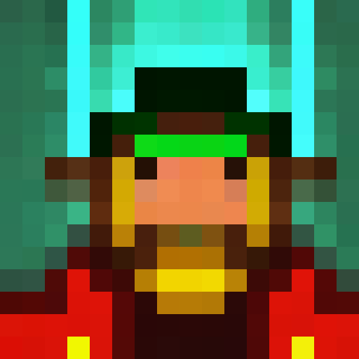 Green-hatted archer, poised with bow and arrow, stands in a mystical forest surrounded by towering trees, their leaves shimmering in the golden light of sunset, all captured in a stunning 16x16 pixel portrait, close up, portrait