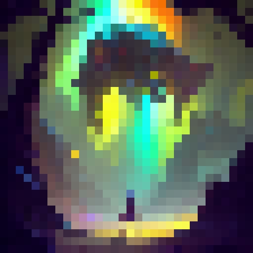 Colorful goblin warrior brandishing a wicked scimitar, surrounded by a vibrant rainbow of swirling magic, set against a dark, eerie forest backdrop.