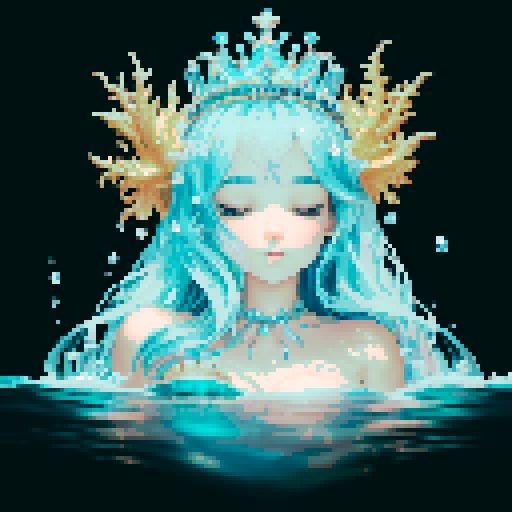 Create a close-up image of a mermaid with a crown, partially submerged underwater. Half of her face is above the water's surface, revealing her beautiful features. The underwater portion of her face should show her aquatic beauty, with the serene, mysterious ambiance of the ocean surrounding her. The crown should have an ethereal, shimmering quality, adding to her majestic presence.