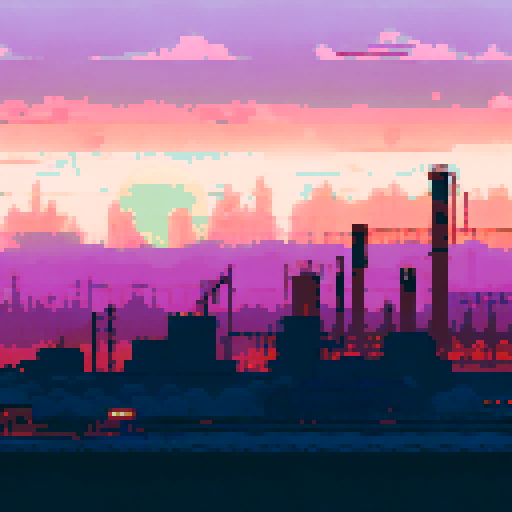 Towering smokestacks belching thick black smoke against a pastel sunrise, surrounded by factories with neon-glowing signs reflecting in a murky river