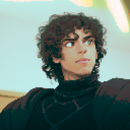 curly-haired man, black bulky turtleneck, cool tone background, pixelated details, vibrant colors, sRGB