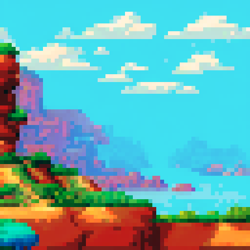 Desert cliff, towering and rugged, with warm earth tones, pixelated in sRGB, set against a transparent background, creating a mesmerizing pixel art landscape