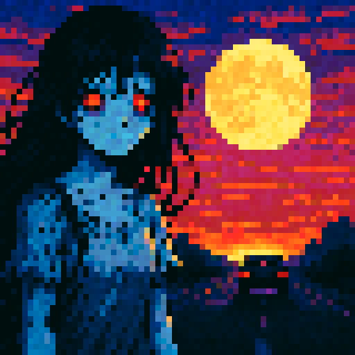 Ghost woman with red eyes, sunset backdrop, car driving towards moon, anime style, vibrant colors, sRGB, pixel art