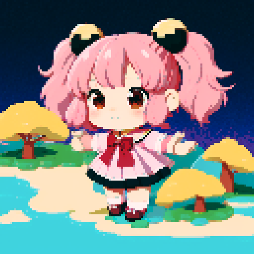 This image features a stylized bear inspired by ghibli, in a chibi art style. The bear has, expressive black eyes and a cute, pink skin. The hair is styled in long twin pigtails, accented with pink and gold ribbons, matching the color theme of the outfit, which includes a sailor-style collar and a pink bow. The background depicts a wild magic night with shining stars and a dark waterfall. This is a typical example of how popular anime characters