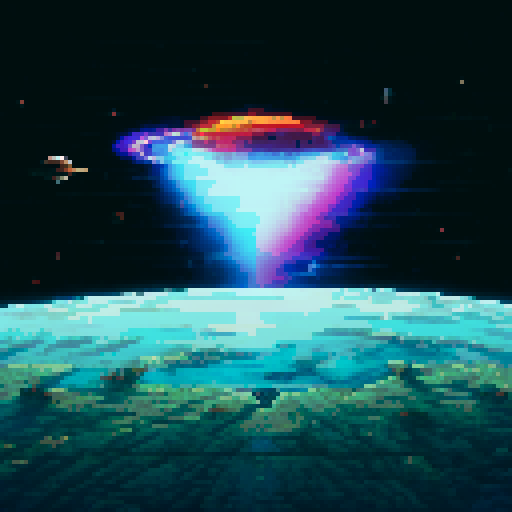 Space station floating amidst a tapestry of stars, glowing with vibrant colors, pixelated landscape stretching into the distance