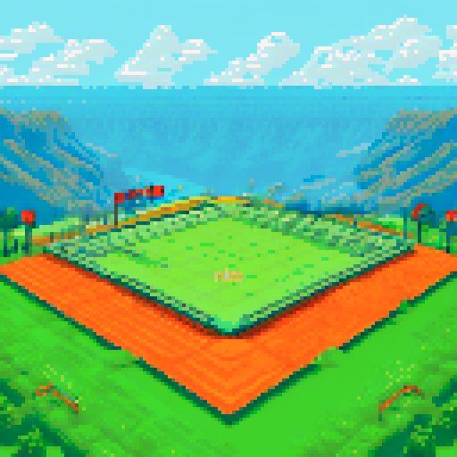 Tecmo Bowl Football Field, orange and light blue colors, green grass, pixel art, sRGB, background, landscape