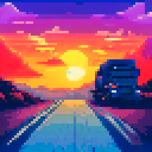 Orange sunset with a purple sky in a desert with a truck driving on a road