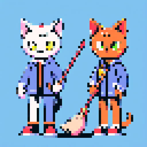 A cat and a dog, both holding a broomstick