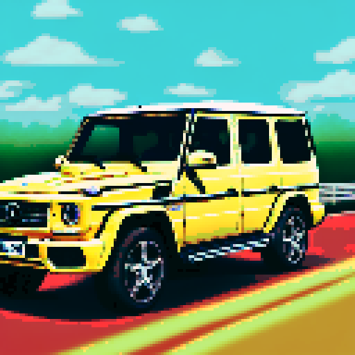 Photorealistic whole Mercedes-Benz G class, three-quarter view, right front wheel, clean background, sRGB colors, pixel art style