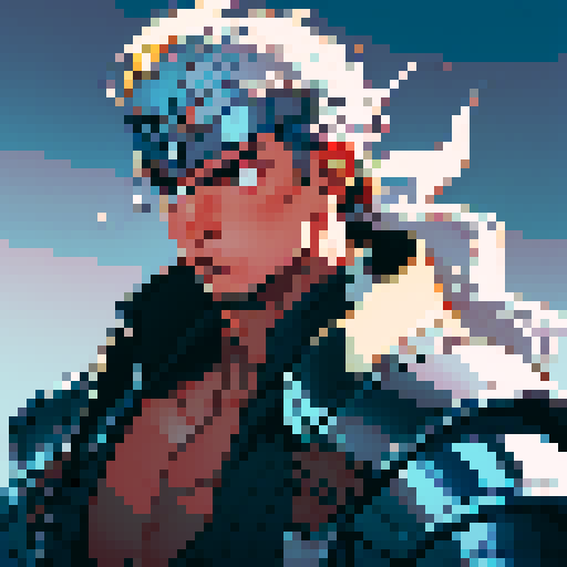 male warrior with a sleek, silver helmet, broad shoulders, muscular arms, retro pixel art, portrait