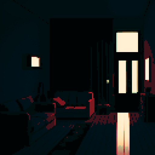 dark apartment interior at night, melancholy, depressed, lonely man's apartment, sadness, dimly lit, bare, urban