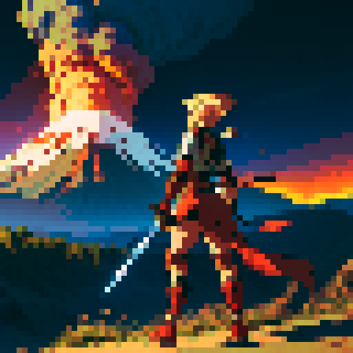 Anime warrior on an adventure with a volcano in the background. The warrior is holding a sword. 