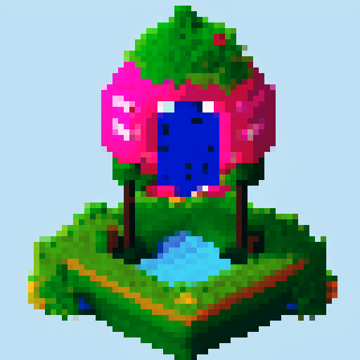 8-bit rectangular blueberry garland, space portal inside, cute pixel art