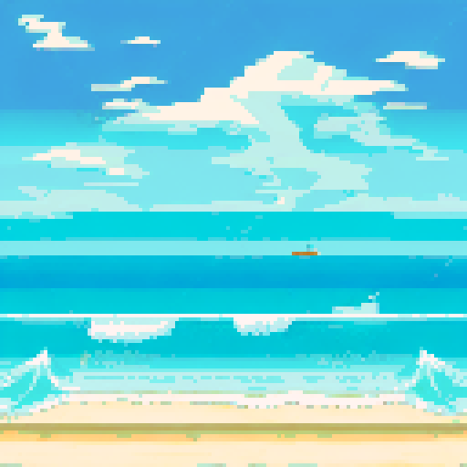 overhead view, vibrant beach, waves washing, sRGB, pixel art, background, landscape