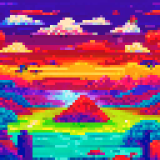 Musculoso's bulging muscles ripple as he dances with Steve in a vibrant, pixelated landscape filled with neon colors and a trippy, psychedelic background