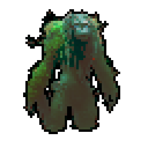 swamp monster made of moss and vines with twigs sticking out, and a dark face with red eyes