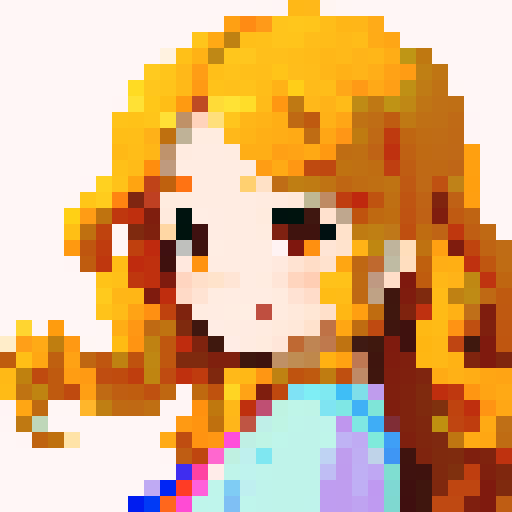 cute female, luscious wavy long hair, brown eyes, bright smile, fair skinned, cheerful disposition, pixel art, sRGB