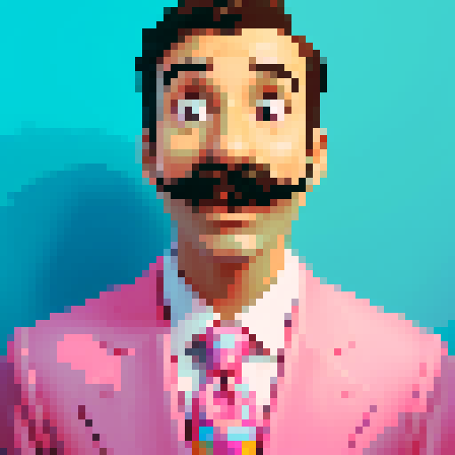 surprised man with a mustache, bright suit, closeup portrait