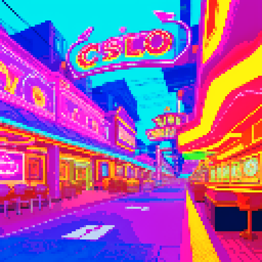 Neon-lit casino street, pachinkp parlour, vibrant sRGB colors illuminating the background landscape