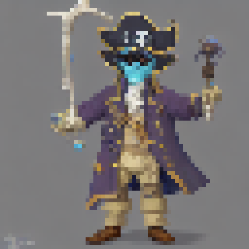 a pirate captain with a blue gemstone eyepatch covering his blind eye and a mechanical and wooden prosthetic leg. He likes to play with his blue gemstone dagger and wears a blue robe leather coat. He bullies a cthulhu-like creature that he keeps in a metal box.