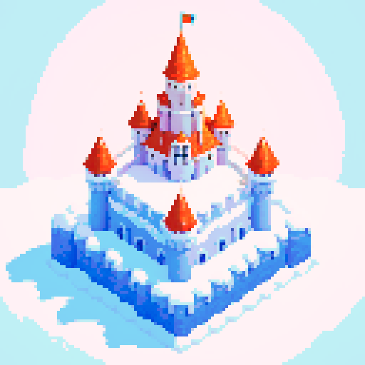 A top down view of a large snow castle. Make it a png so that the background is removed. 
