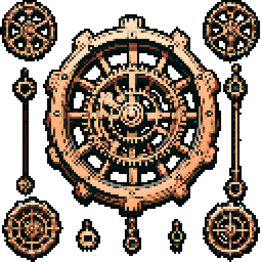 I want a copper gear that looks like it was made by a master clockmaker. It should have strange mechanical details that could interlock with each other. I also want this object usable an asset in a videogame, meaning only one object per image, outlined with a strong black stroke, on a solid-color background.
