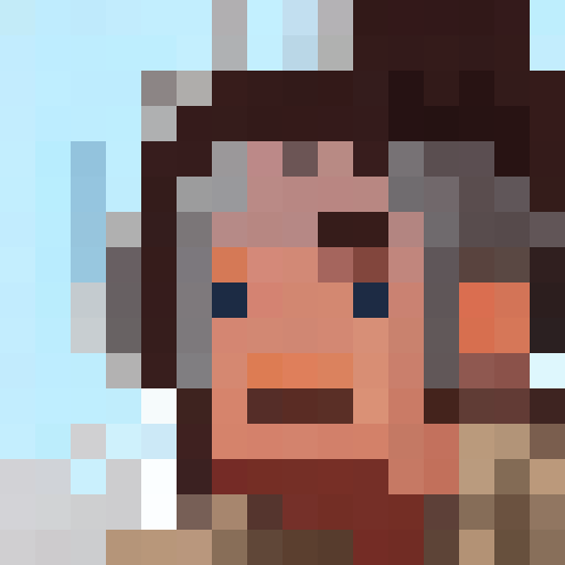 A dude with brown scruffy hair and a scruffy beard using a hunting horn