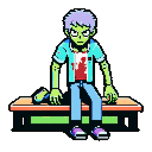 Zombie with limbs spread out, laying on table, looking at camera, pixel art, sRGB