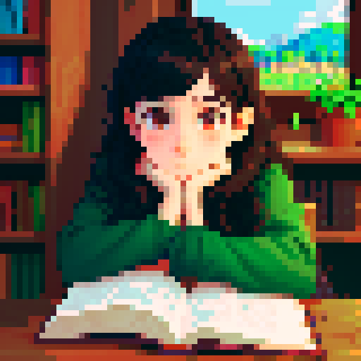 portrait, sprite art, young woman, dark eyes, dark hair, shy girl, awkward, cute, soft eyes, autistic, cozy, shy, bookworm, timid, stardew valley