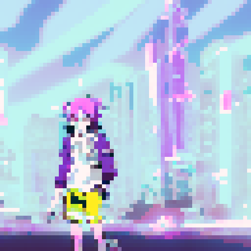 A purple-haired, robotic cat with glowing eyes stands on a neon-lit street corner surrounded by towering skyscrapers and flickering holographic billboards, while a group of teenagers in futuristic streetwear look on in awe