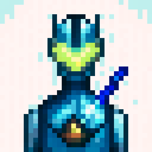 armoured warrior, futuristic pistol, game icon, 32x32 pixel art, sRGB, skill art, close up, portrait, shining metallic plating, glowing energy core, intricate etchings, intense gaze, powerful stance, dynamic lighting